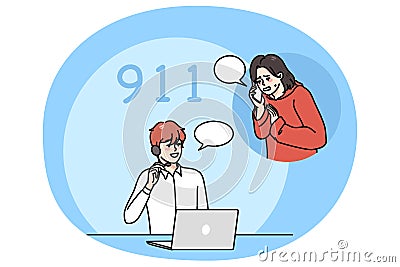 Anxious woman call emergency line operator Vector Illustration