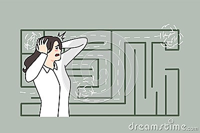 Anxious woman confused by finding way in labyrinth Vector Illustration