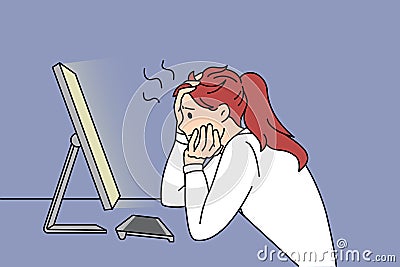 Anxious woman work on computer have gadget problems Vector Illustration