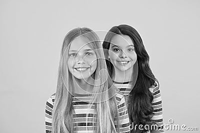 For any hair type. Blonde and brunette. Healthy and shiny hair. Kids cute children with long hairstyle. Hairdo tips Stock Photo