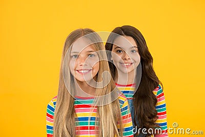 For any hair type. Blonde and brunette. Healthy and shiny hair. Kids cute children with long hairstyle. Hairdo tips Stock Photo