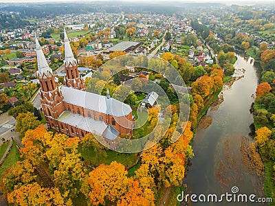 Anyksciai, Lithuania: neo-gothic roman catholic church in the autumn Stock Photo