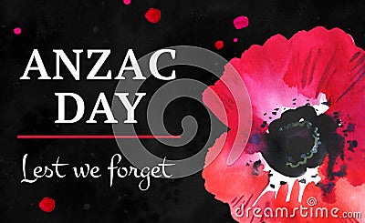 Anzac day landscape composition with title and big poppy flower. Hand drawn watercolor illlustration Stock Photo