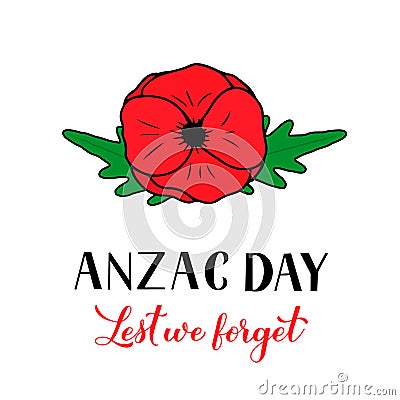Anzac day lettering isolated on white. Hand drawn red poppy flower symbol of Remembrance day. Lest we forget. Vector template for Vector Illustration