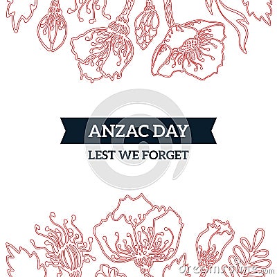 Anzac Day memorial card with red poppies. Remembrance anniversary Vector Illustration