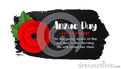 Anzac Day Poppy invitation card. Lest We Forget quote. 25th April date Vector Illustration