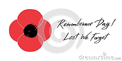 Anzac Day vector banner. Red Poppy flower illustration and lettering - Remembrance Day and Lest We forget. Vector Illustration