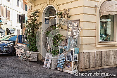 Anzio, Lazio region, Italy - August 27, 2018: Lovely small gift shop with furniture and accessories in sea style. Editorial Stock Photo