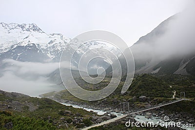 Mt. Cook in mist New Zealand Tasman Glacier View Track Stock Photo