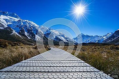 Aoraki Mount Cook and Valley Track, South Island, New Zealand Stock Photo