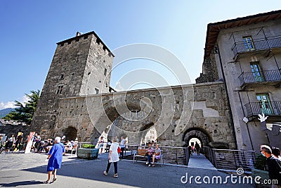 AOSTA, ITALY - AUGUST 20, 2021: roman ruins Porta Praetoria gate in Aosta city, northern Italy Editorial Stock Photo