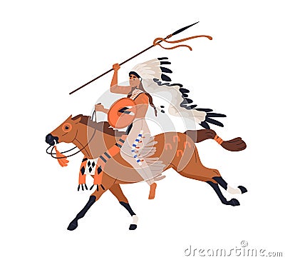 Apache warrior, armored horse rider. Tribal native American in feathered headwear riding horseback, attacking with lance Vector Illustration