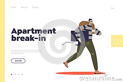 Apartment break-in concept of landing page with criminal running with stolen tv after housebreaking Vector Illustration