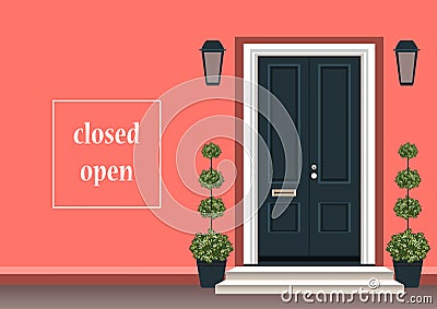 Apartment building with door front with doorstep and steps porch, flower pot, lamp, exterior entrance doors. Vector illustration Vector Illustration