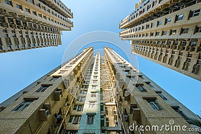 Apartment building facade, high rise residential real estate, HongKong Stock Photo