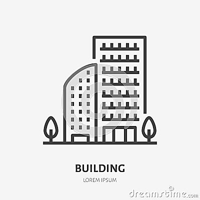 Apartment building flat line icon. Vector thin sign of multi-storey house, condo or office rent logo. Real estate Vector Illustration