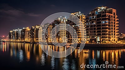 An apartment complex near the bay at night full of light and reflection on the water Stock Photo