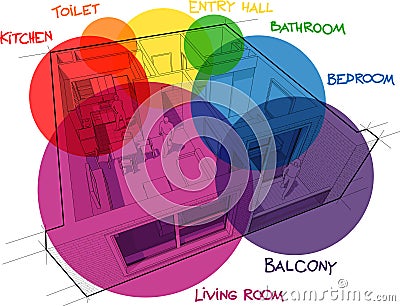 Apartment diagram with hand drawn notes and zone bubbles Vector Illustration