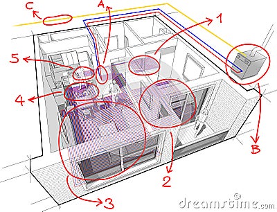 Apartment diagram with underfloor heating and gas water boiler and hand drawn notes Vector Illustration