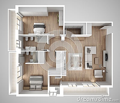 Apartment flat top view, furniture and decors, plan, cross section interior design, architect designer concept idea, gray backgrou Stock Photo