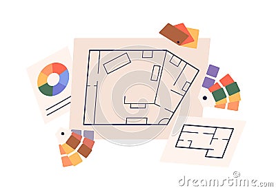 Apartment floor plan, layout and color wheels, palettes. House interior drawing, home project on paper and design colour Vector Illustration