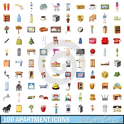 100 apartment icons set, cartoon style Vector Illustration