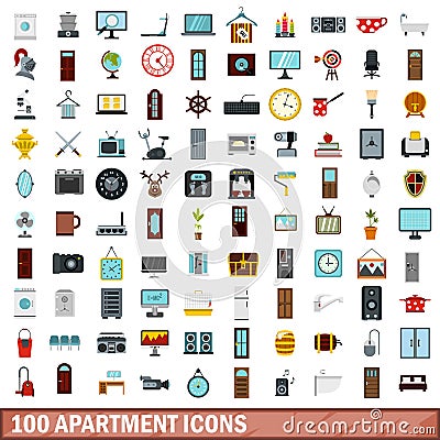 100 apartment icons set, flat style Vector Illustration