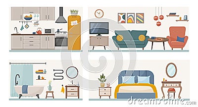 Apartment inside. Set with interiors. Furnished rooms. Flat vector illustration of rooms with furniture. Vector Illustration