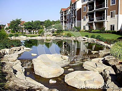 Apartment with landscaped grounds Stock Photo