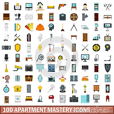 100 apartment mastery icons set, flat style Vector Illustration