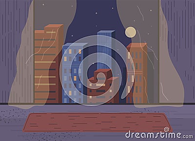 Apartment with night cityscape, town scenery. Window with view of midnight city with skyscrapers Stock Photo