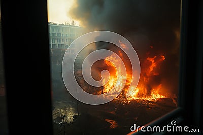 Apartment peril houses endangered by a wildfire, visible from the window Stock Photo