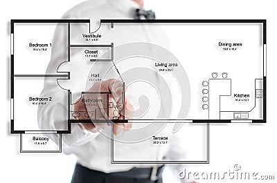 Apartment plan concept shown by a man Stock Photo