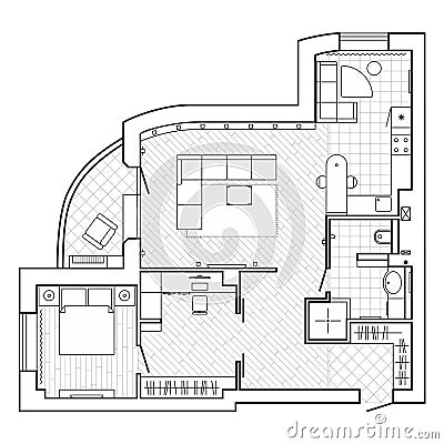 Apartment Plan witch Furniture. Interior Design Set Top View. Vector Illustration