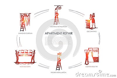 Apartment repair - hanging curtain, moving sofa, fixture installation, custom built-in, decorating, lighting installation vector c Cartoon Illustration