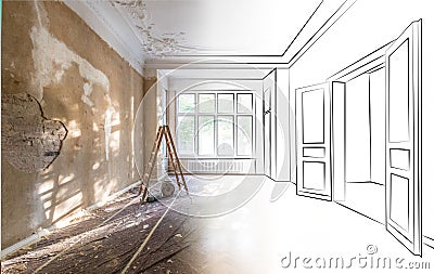 Apartment room during renovation merged with outline drawing / sketch of the room Stock Photo