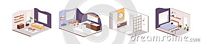 Apartment rooms interiors set. Home kitchen, bathroom, bedroom, living designs. House walls and floor with furniture Vector Illustration