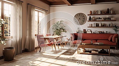 Japanese-inspired Living Room With Brown Couch And Daz3d Style Stock Photo