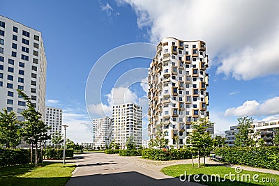 Apartment towers in the city - modern residential buildings with low energy house standard Stock Photo