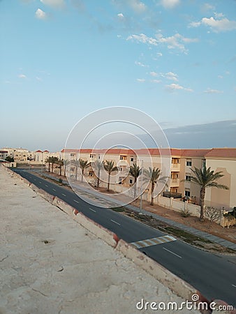 Apartments. Resdentials. Residential road. Palm trees. Blue skies. Outdoor. Zebra crossing. Modern apartments. Stock Photo