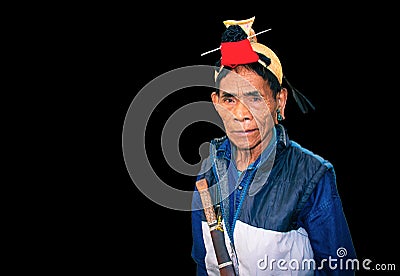 Apatani tribal men facial expression with his traditional hat from flat angle Stock Photo