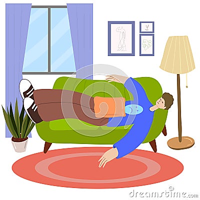 Apathetic young man lying on sofa.The concept of procrastination and apathy. Lazy man at home.Depressed.Flat vector Vector Illustration