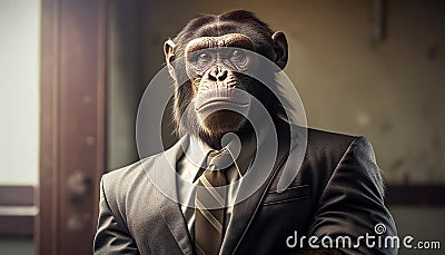 Ape Baboon Dressed In Formal Business Suit Blurred Background - Generative AI Stock Photo