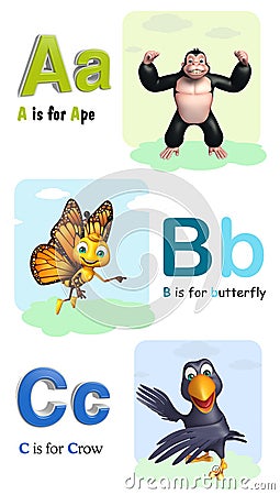 Ape, Butterfly and Crow with Alphabate Cartoon Illustration