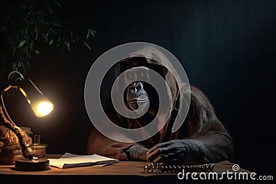 an ape dressed working at night sitting with lamp having a lot of tasks Stock Photo