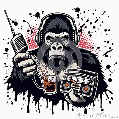 Ape listening music with drinking whiskey vector illustration Vector Illustration