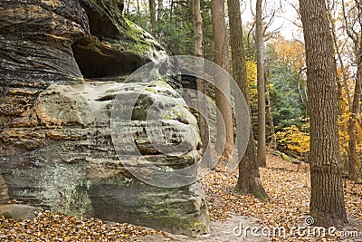 Ape Rock with bright fall foliage, Cuyahoga Valley National Park Stock Photo