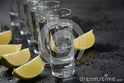 Aperitif with friends in the bar, glasses of alcohol with lime for decoration. Stock Photo