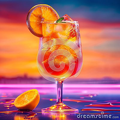 Aperol Spritz Cocktail on Neon Background, Tropical Mocktail, Beach Party Aperol Spritz Coctail Stock Photo