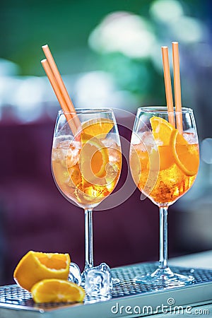 Aperol spritz drink on bar counter in pub or restaurant Stock Photo